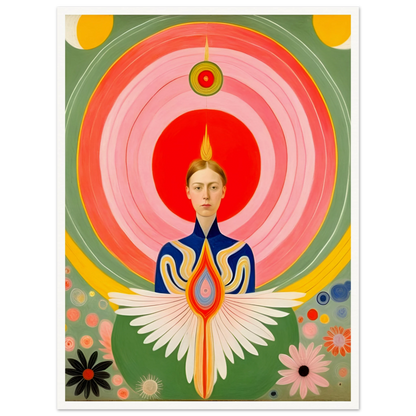Stylized portrait of a serene woman with flaming crown, geometric wings, and concentric radiating circles in vibrant warm hues.