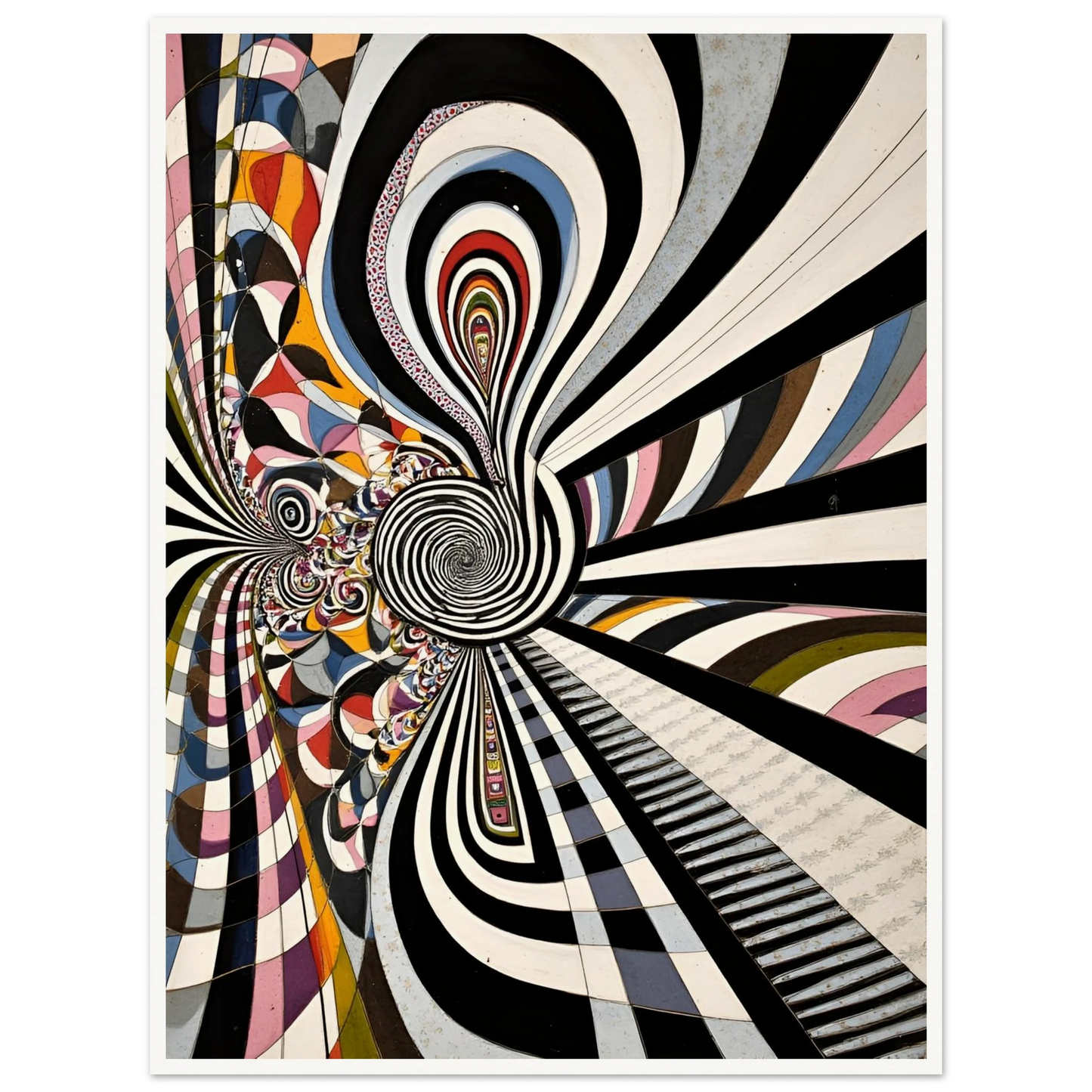 Hypnotic black-and-white spirals twist through colorful geometric pathways, creating a surreal optical journey of motion, depth, and endless illusion.