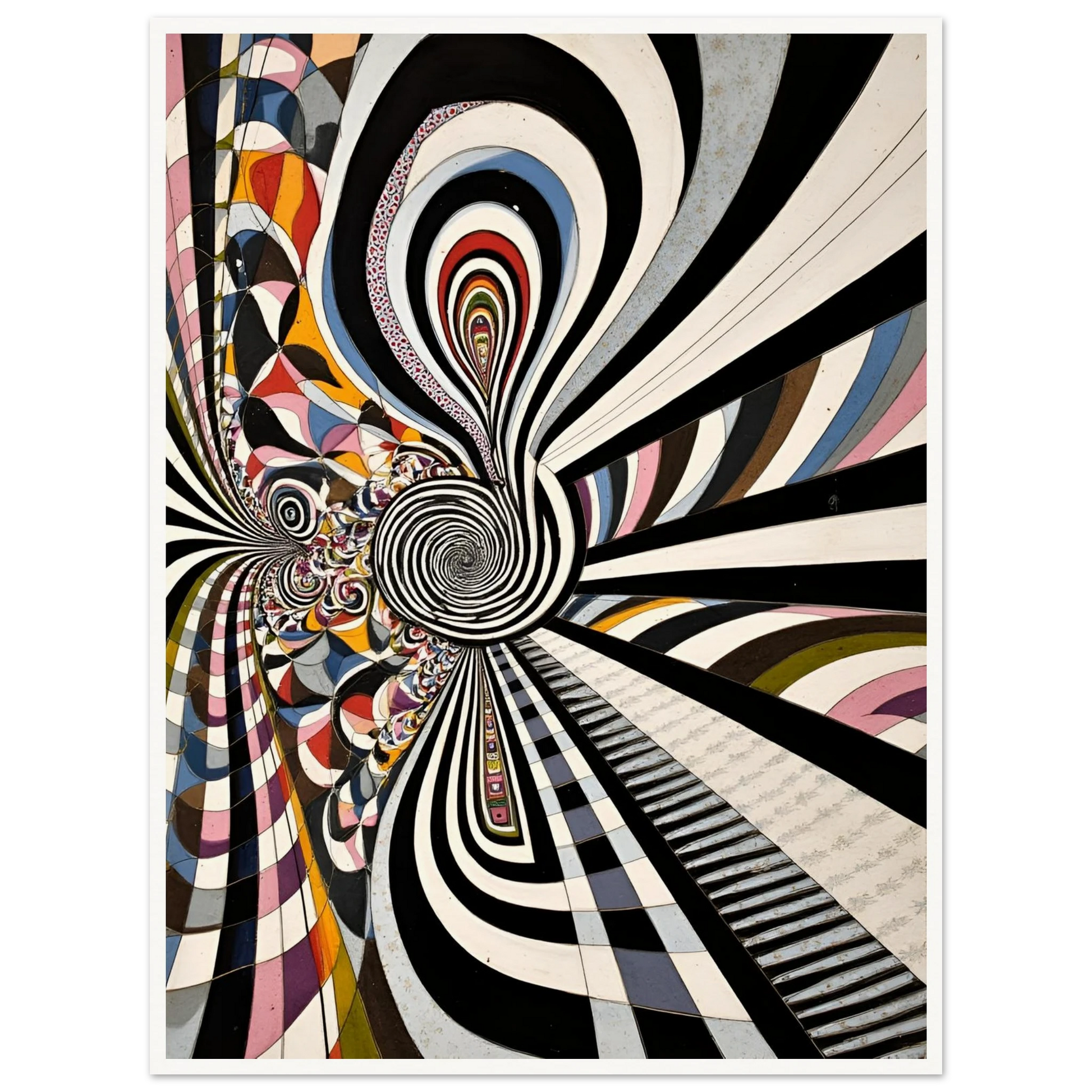 Hypnotic black-and-white spirals twist through colorful geometric pathways, creating a surreal optical journey of motion, depth, and endless illusion.