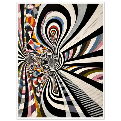 Hypnotic black-and-white spirals twist through colorful geometric pathways, creating a surreal optical journey of motion, depth, and endless illusion.