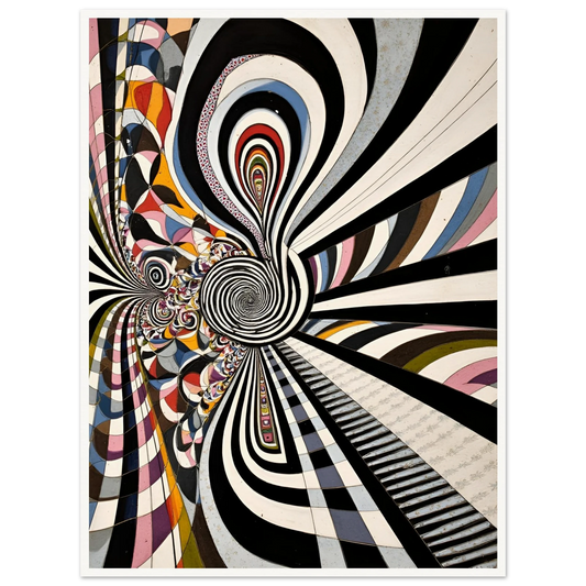 Hypnotic black-and-white spirals twist through colorful geometric pathways, creating a surreal optical journey of motion, depth, and endless illusion.