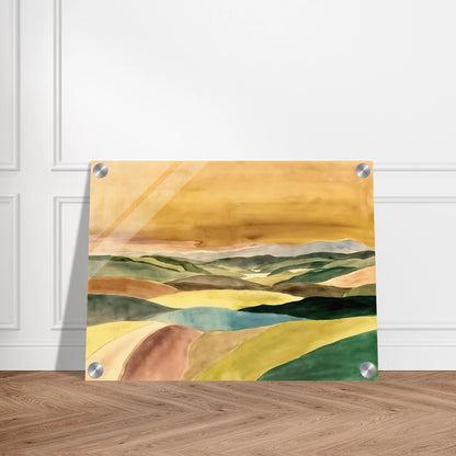 A serene landscape painting featuring layered rolling hills in shades of green, blue, cream, and brown beneath a vast golden sky. Soft contours and muted colors create a peaceful, atmospheric countryside scene stretching into the distance.