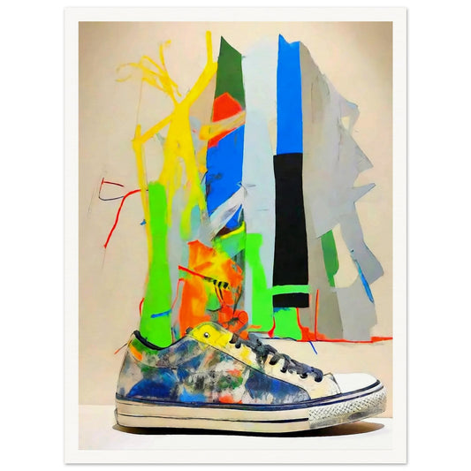 "An abstract painting featuring a colorful sneaker in front of bold, geometric patterns and splashes of neon green, blue, and yellow."