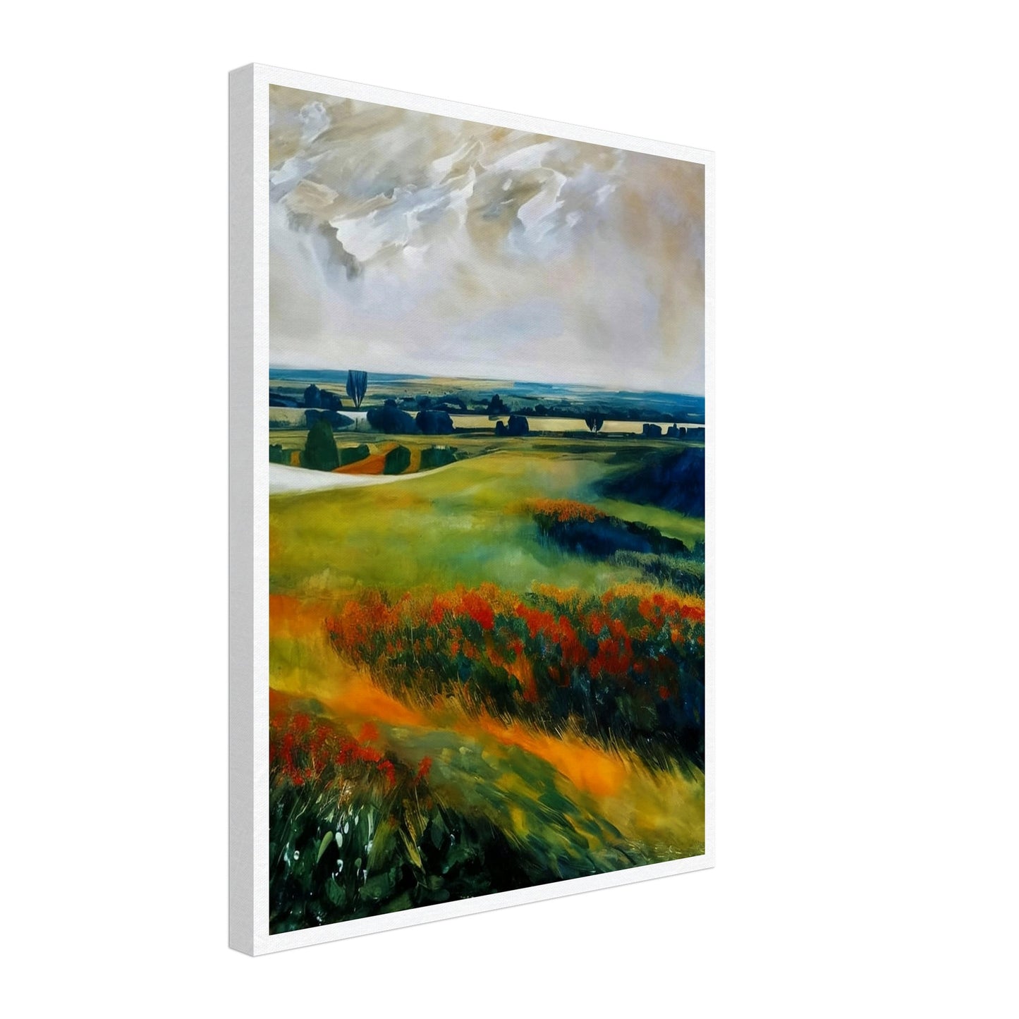 A serene landscape painting of rolling meadows with vibrant wildflowers and distant trees under a dramatic sky.