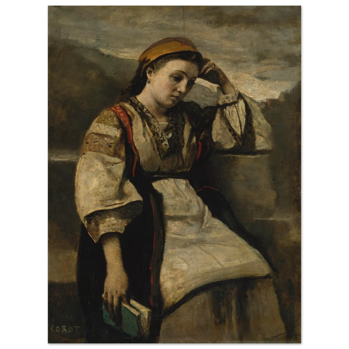 A seated woman in traditional dress rests her head on her hand while holding a book.