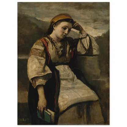 A seated woman in traditional dress rests her head on her hand while holding a book.