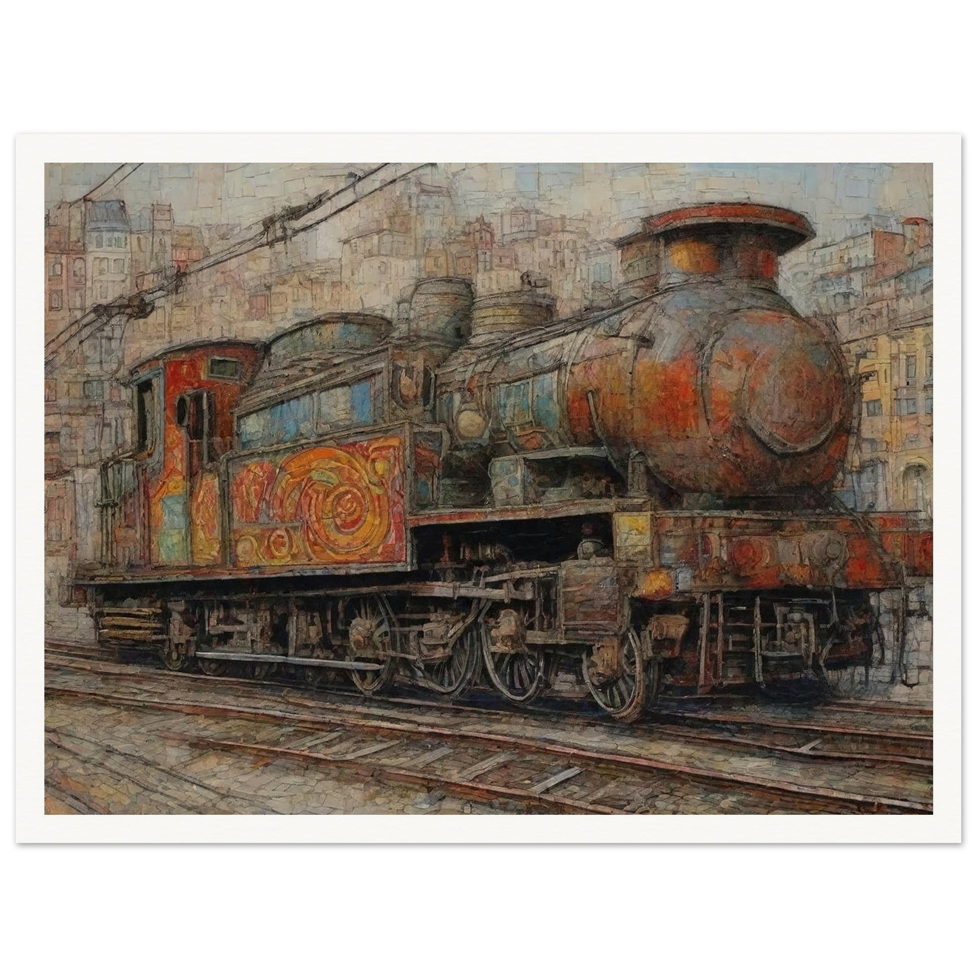 "A detailed painting of a colorful, weathered steam locomotive in an urban setting, showcasing intricate patterns and a sense of nostalgia for vintage travel."