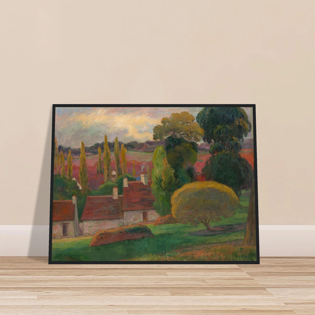 A Breton village with red-roofed houses and tall trees sits beneath a soft pastel sky.