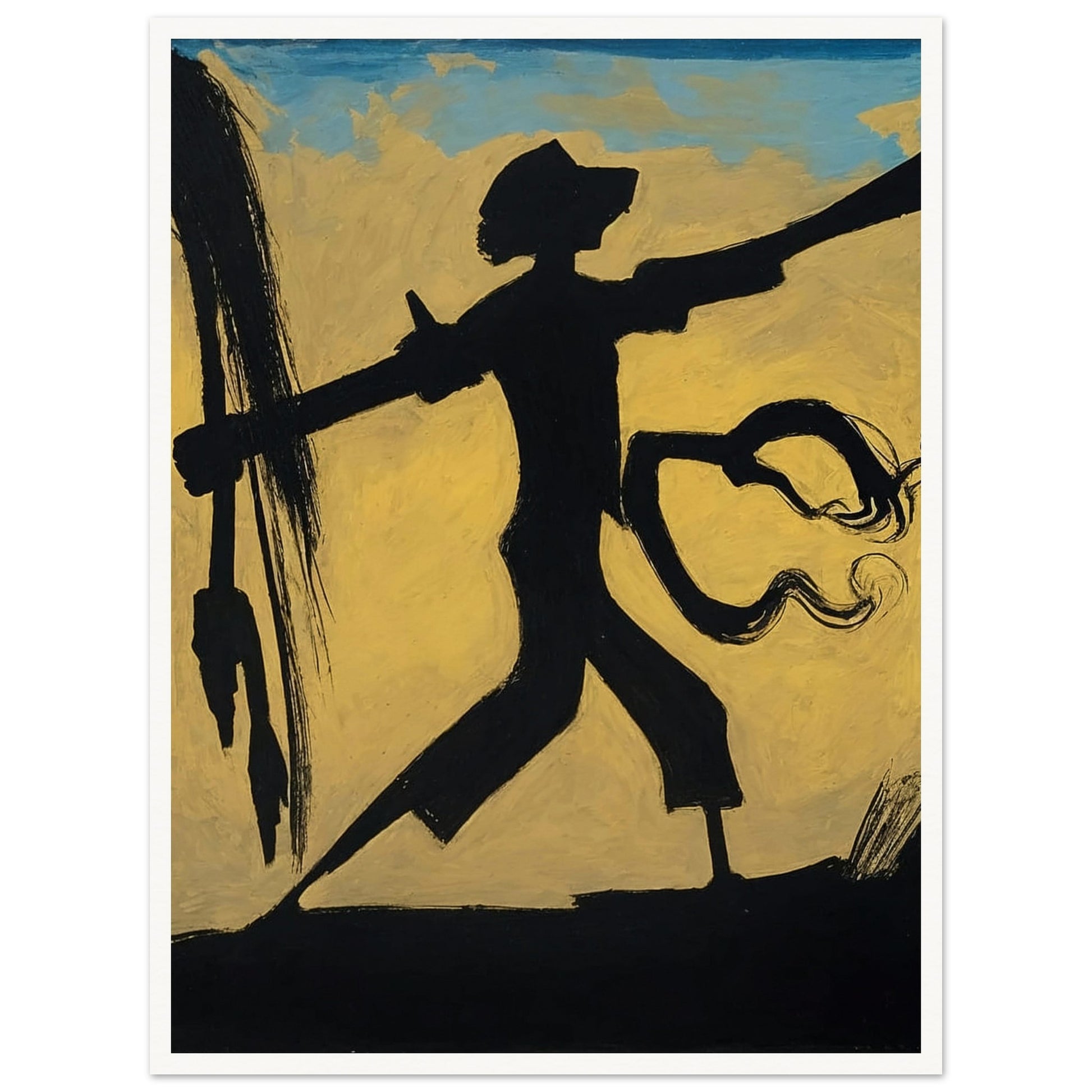 A dynamic silhouette of a warrior holding a spear against a warm, abstract background, capturing movement and strength.