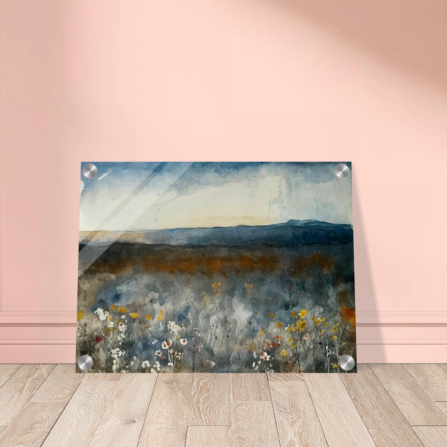 A painting of a misty meadow with wildflowers in the foreground and distant mountains under a cloudy sky.