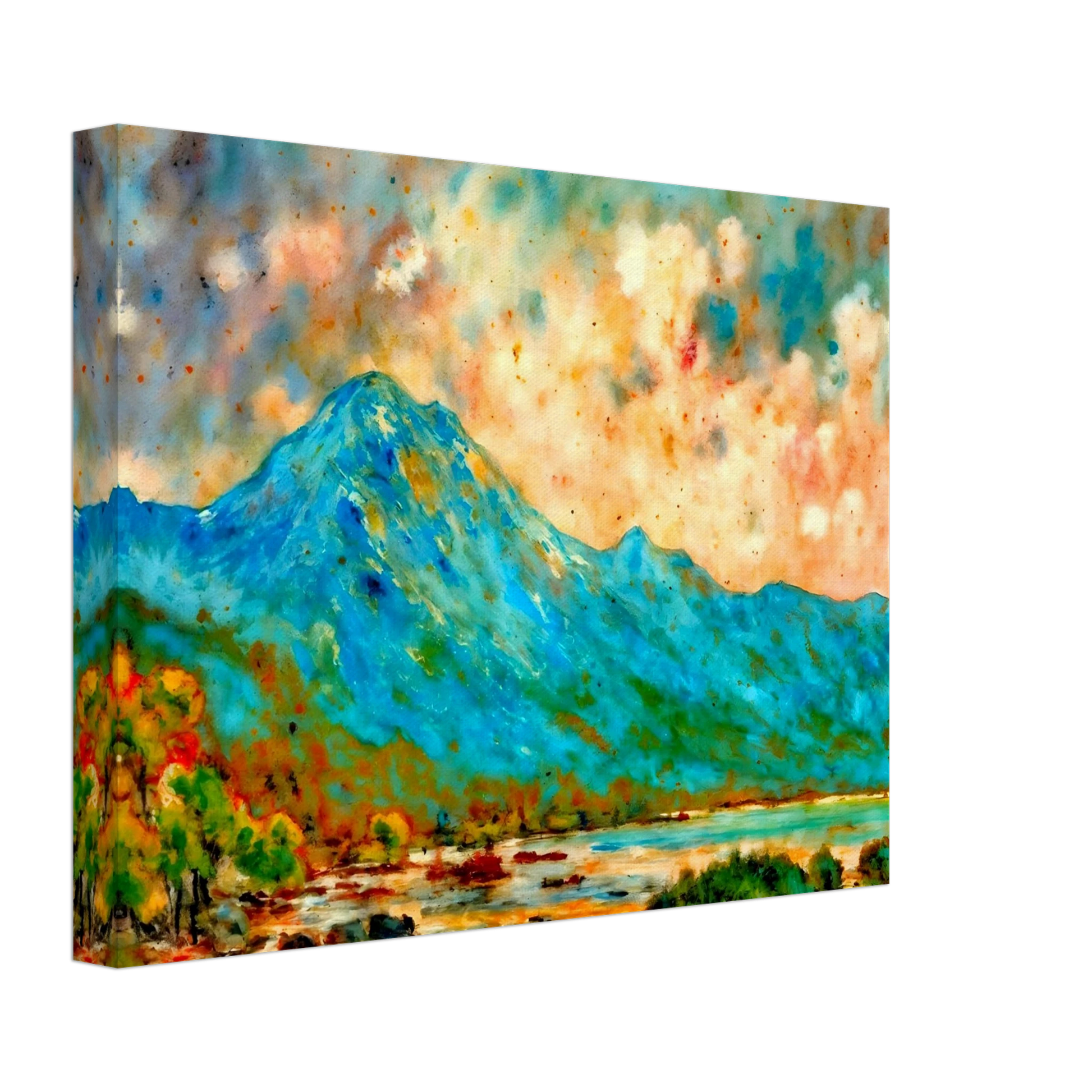 Vivid blue mountain rising above reflective waters beneath a luminous peach and turquoise sky, bursting with expressive color and energy.