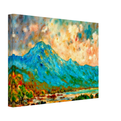 Vivid blue mountain rising above reflective waters beneath a luminous peach and turquoise sky, bursting with expressive color and energy.