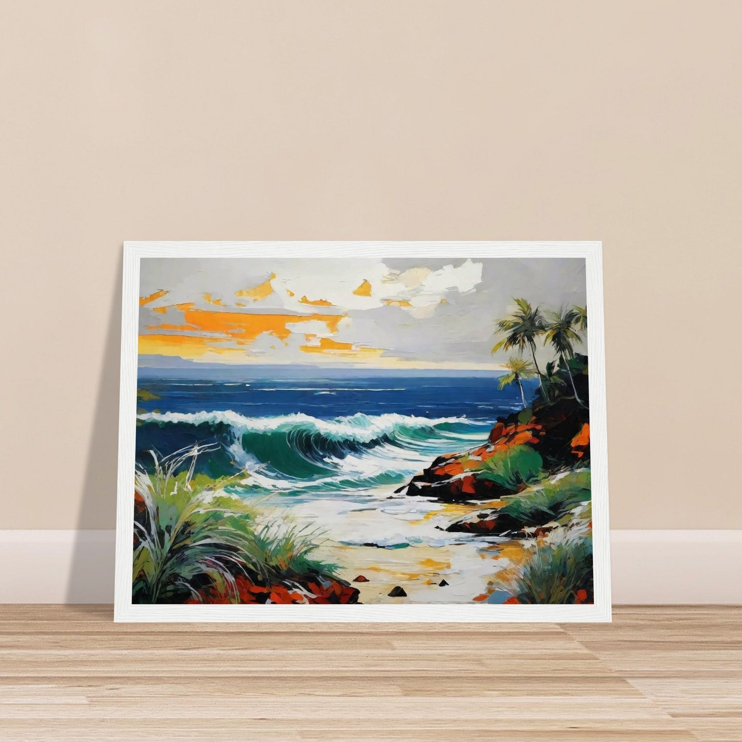 A vibrant painting of an ocean wave crashing onto a rocky coastline with palm trees and a colorful sky at sunset, exuding serenity.