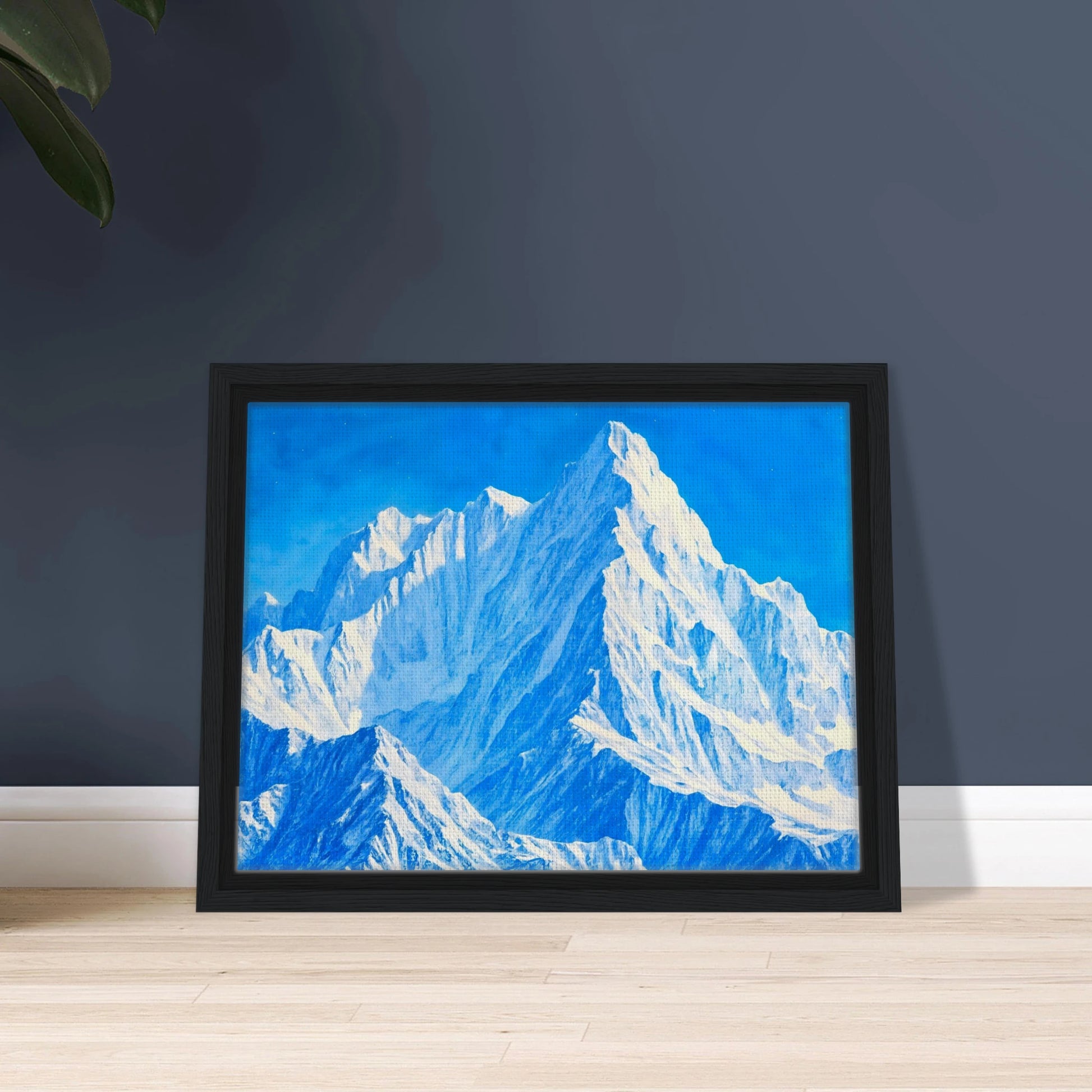 Towering icy mountain peaks glow in brilliant blues and whites beneath a crystal sky, evoking grandeur and stillness.