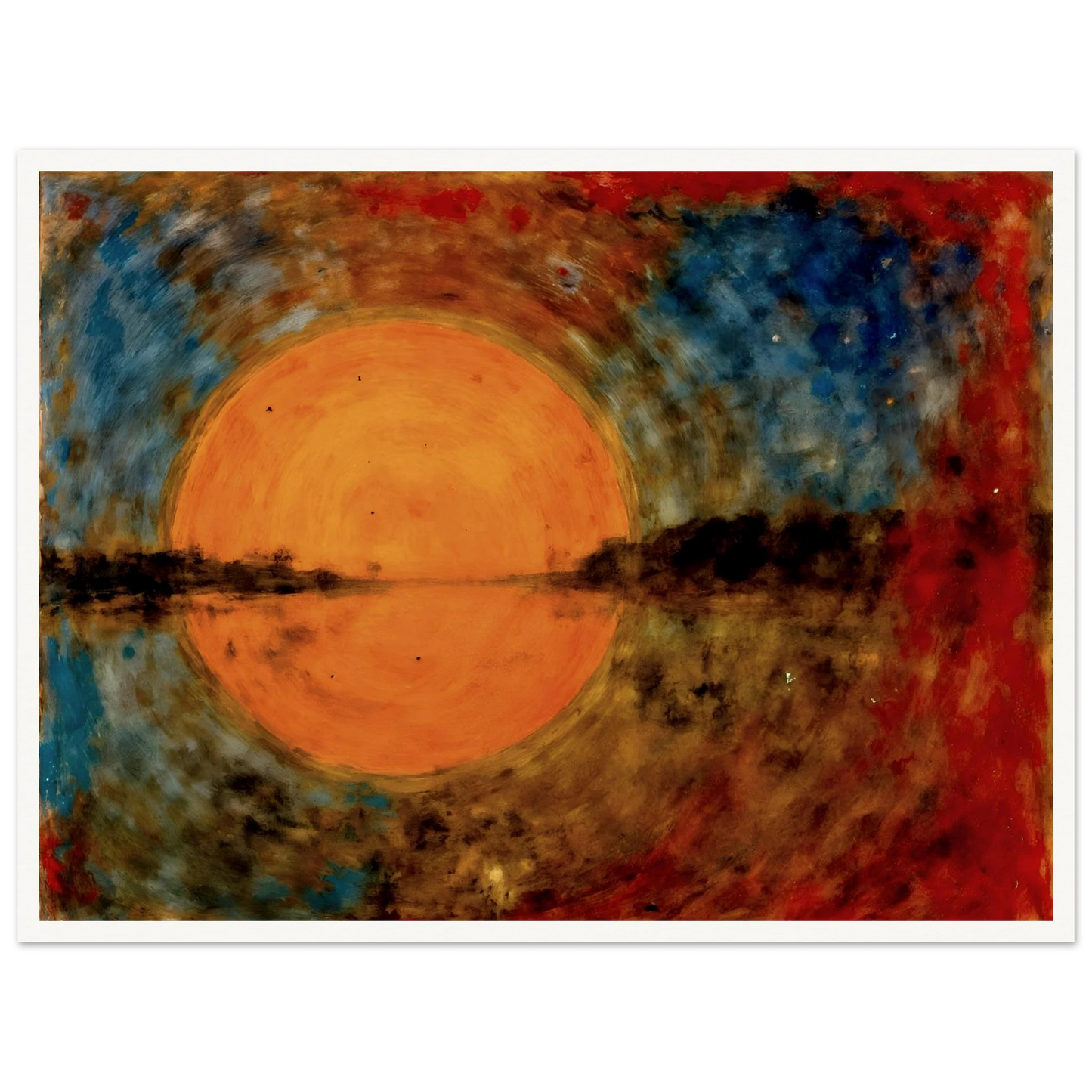 A radiant orange sun glows over reflective waters, framed by fiery reds, deep blues, and textured skies in a dreamlike scene.