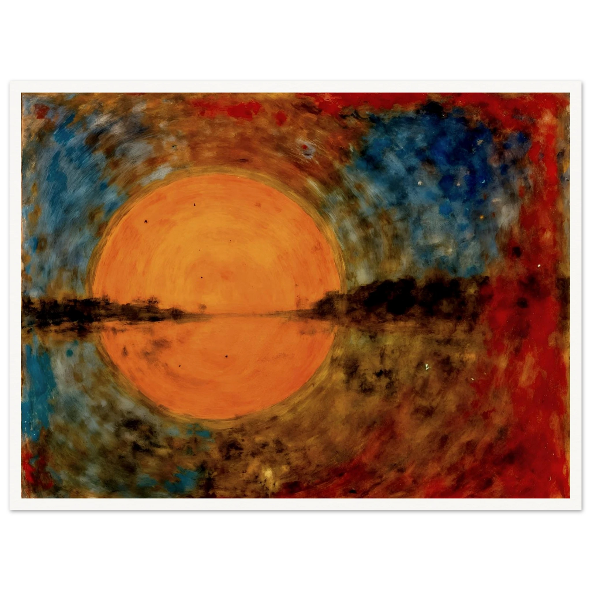 A radiant orange sun glows over reflective waters, framed by fiery reds, deep blues, and textured skies in a dreamlike scene.