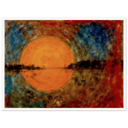 A radiant orange sun glows over reflective waters, framed by fiery reds, deep blues, and textured skies in a dreamlike scene.