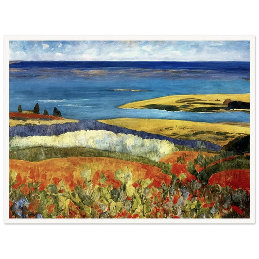 A vivid coastal landscape featuring rolling hills of red and green leading to a calm blue sea. A bright sky hovers over the serene shoreline.