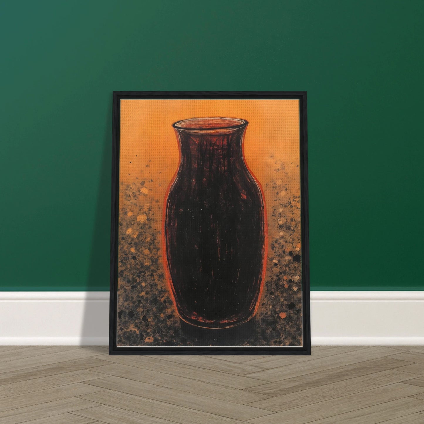 Dark sculptural vase rises against a glowing amber field with textured speckled earth tones, evoking warmth and ancient elegance.