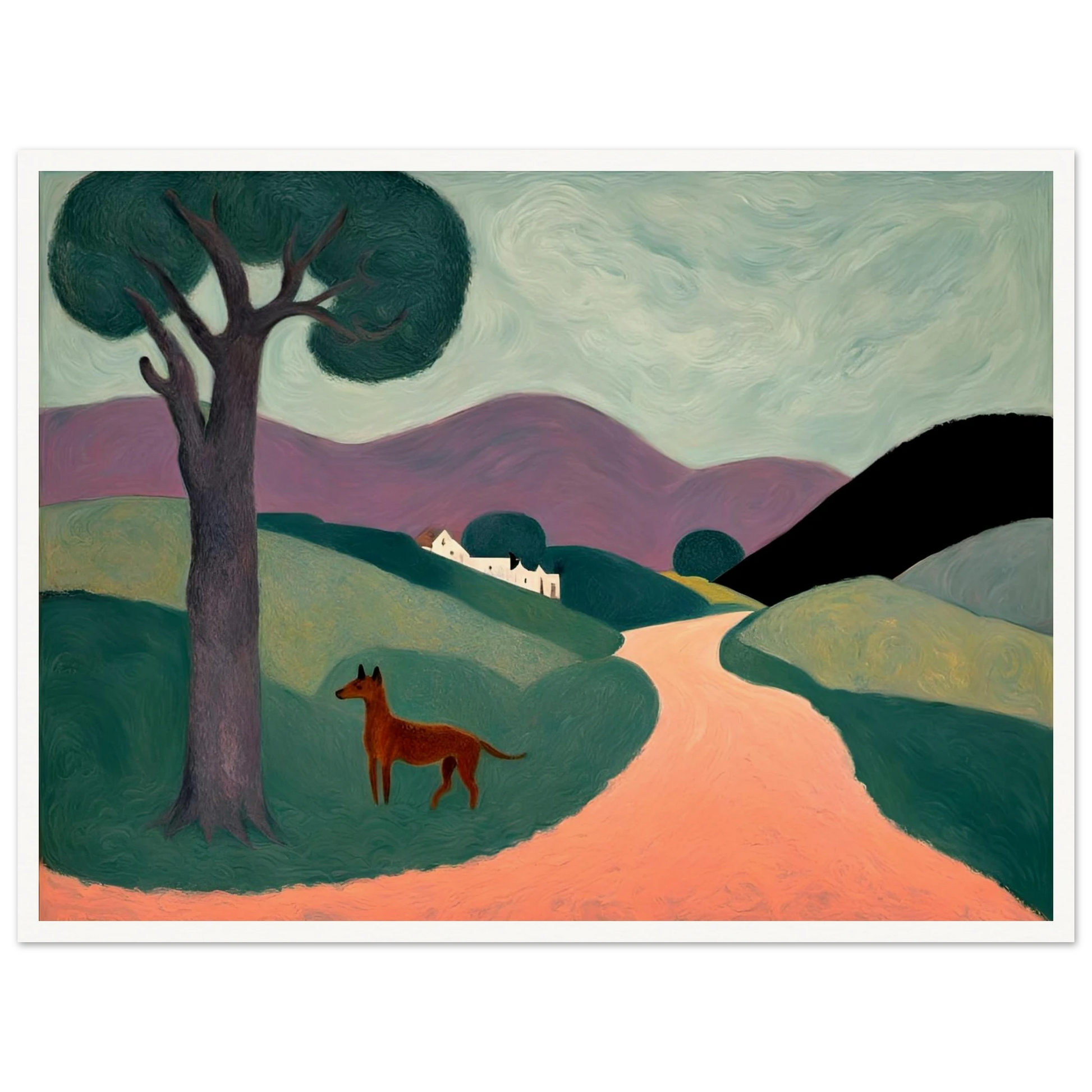 Stylized countryside landscape with rolling green hills, a purple mountain range, a lone tree, and a brown dog standing on a peach path.