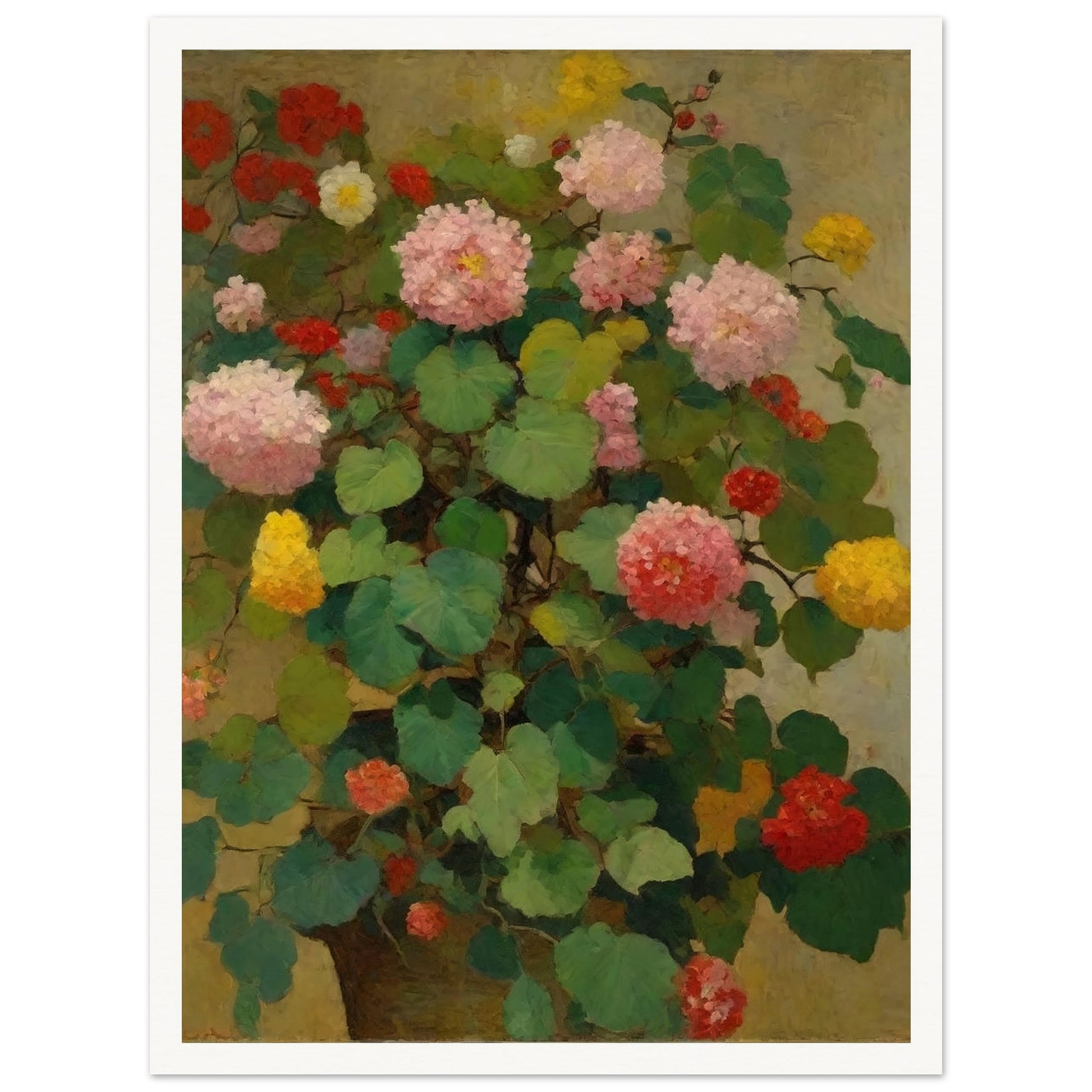 A lush painting featuring a variety of colorful flowers in full bloom, with green leaves in the background.