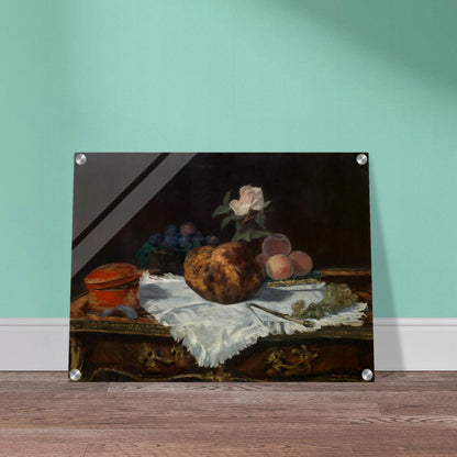 A brioche, fruit, white cloth, and tableware arranged in a quiet classical still life.
