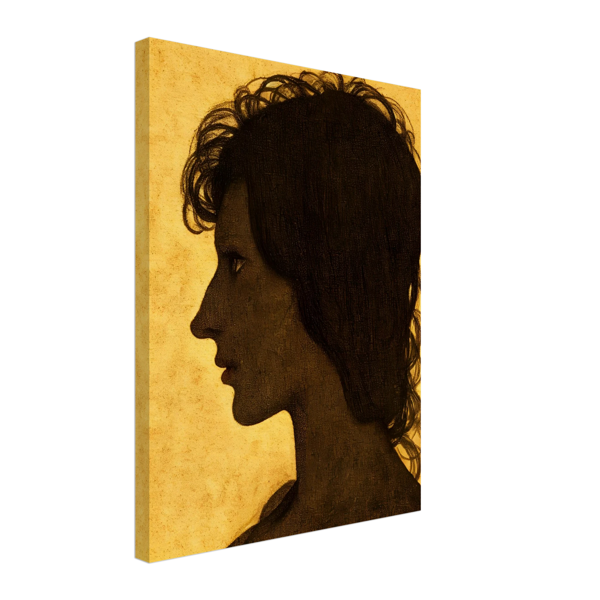 A textured profile silhouette of a woman set against a warm ochre background, capturing introspection and quiet strength.