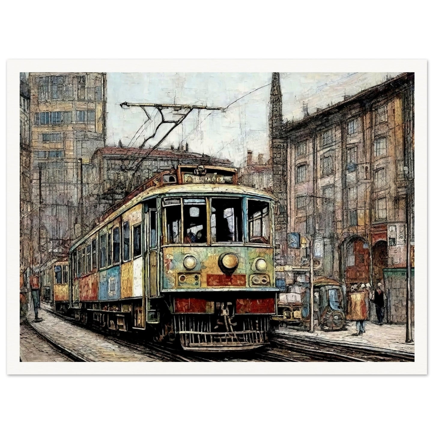 "A detailed painting of a vintage tram traveling through a bustling city street, surrounded by old buildings and a busy urban environment, evoking a nostalgic feel."