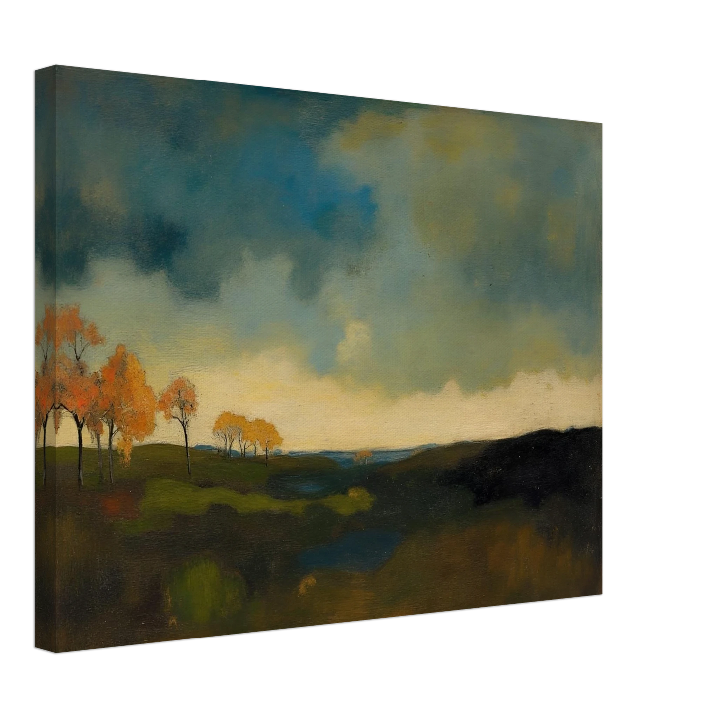 Golden autumn trees stand beneath heavy blue-gray clouds over dark rolling fields.