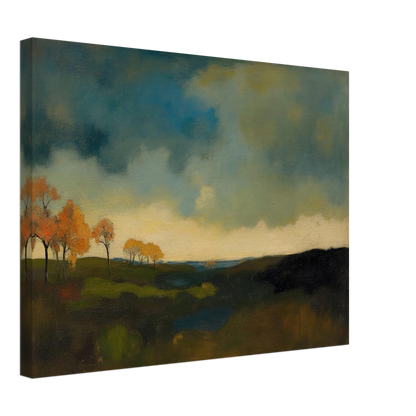 Golden autumn trees stand beneath heavy blue-gray clouds over dark rolling fields.