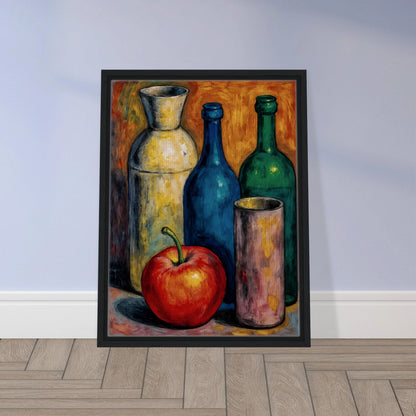A luminous red apple rests before blue, green, and ivory bottles against a fiery amber backdrop, blending warmth, contrast, and vintage stillness.