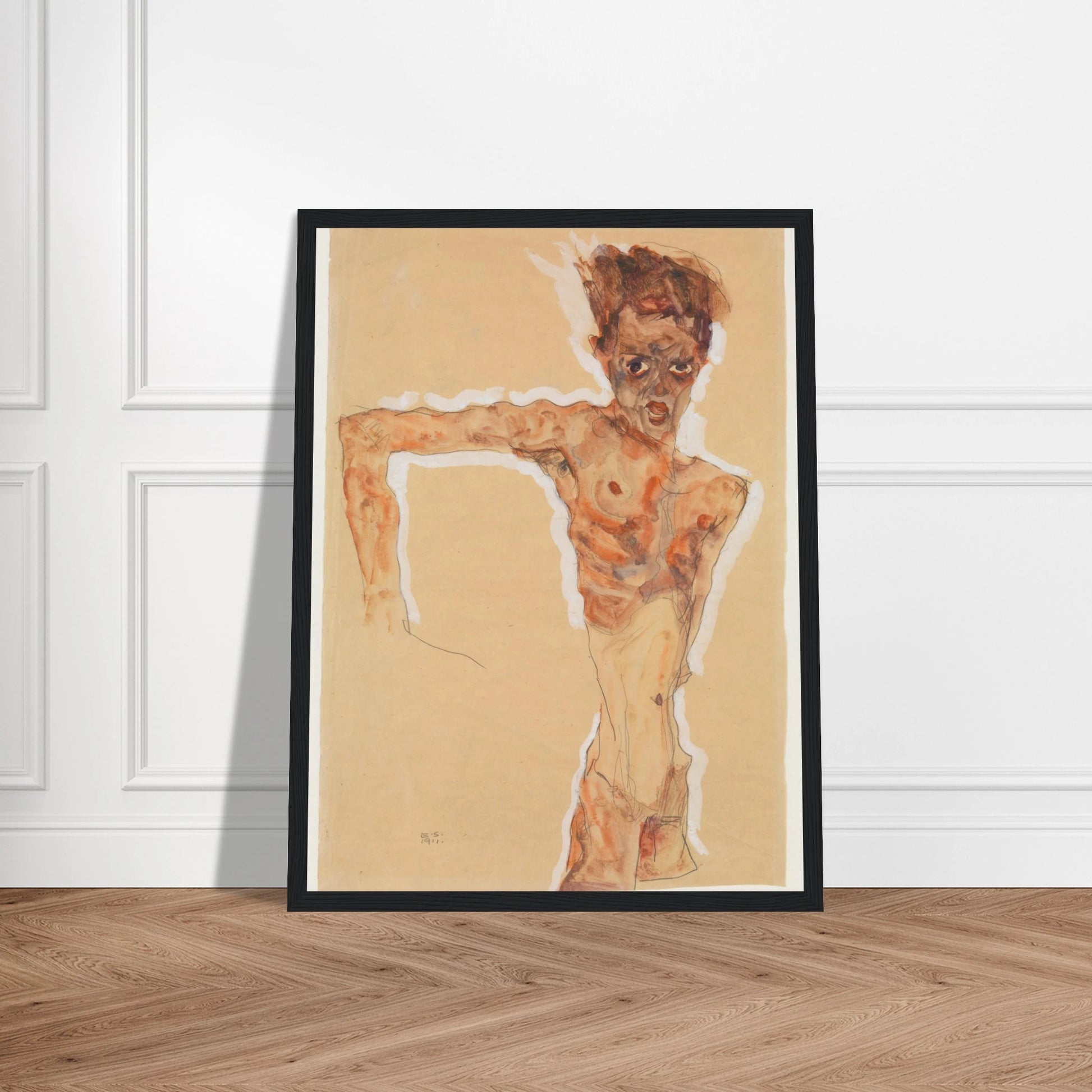 A gaunt male figure twists sharply, rendered in orange-brown washes and dark lines on tan paper.