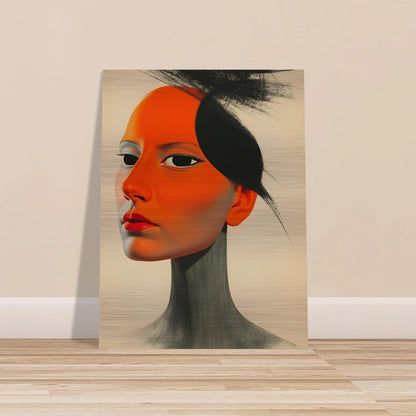 A surreal portrait of a woman with vivid orange skin and intense gaze, blending soft realism with bold graphic contrasts.