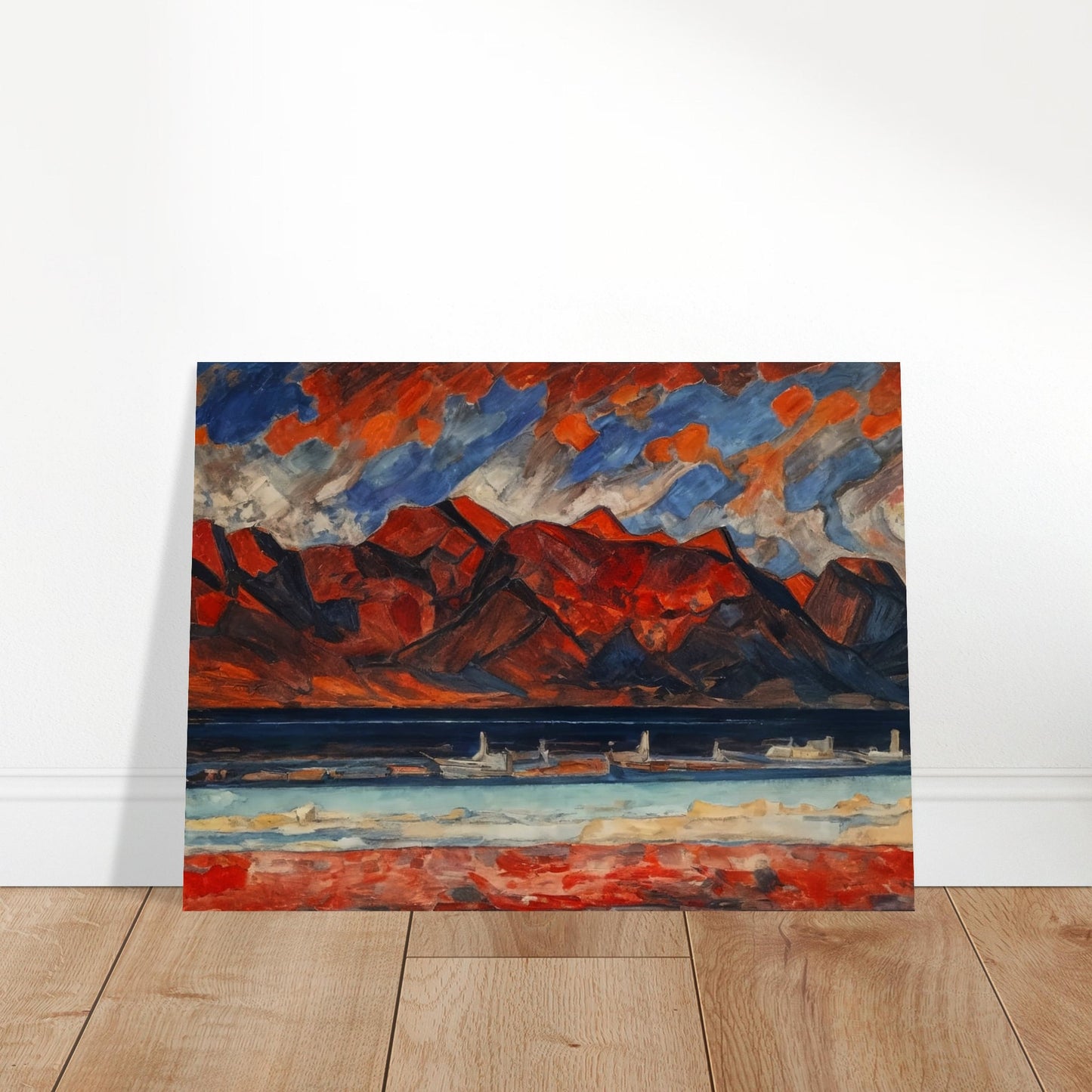 A striking landscape painting with red mountains under a dramatic sky, reflecting vibrant hues in a serene body of water.