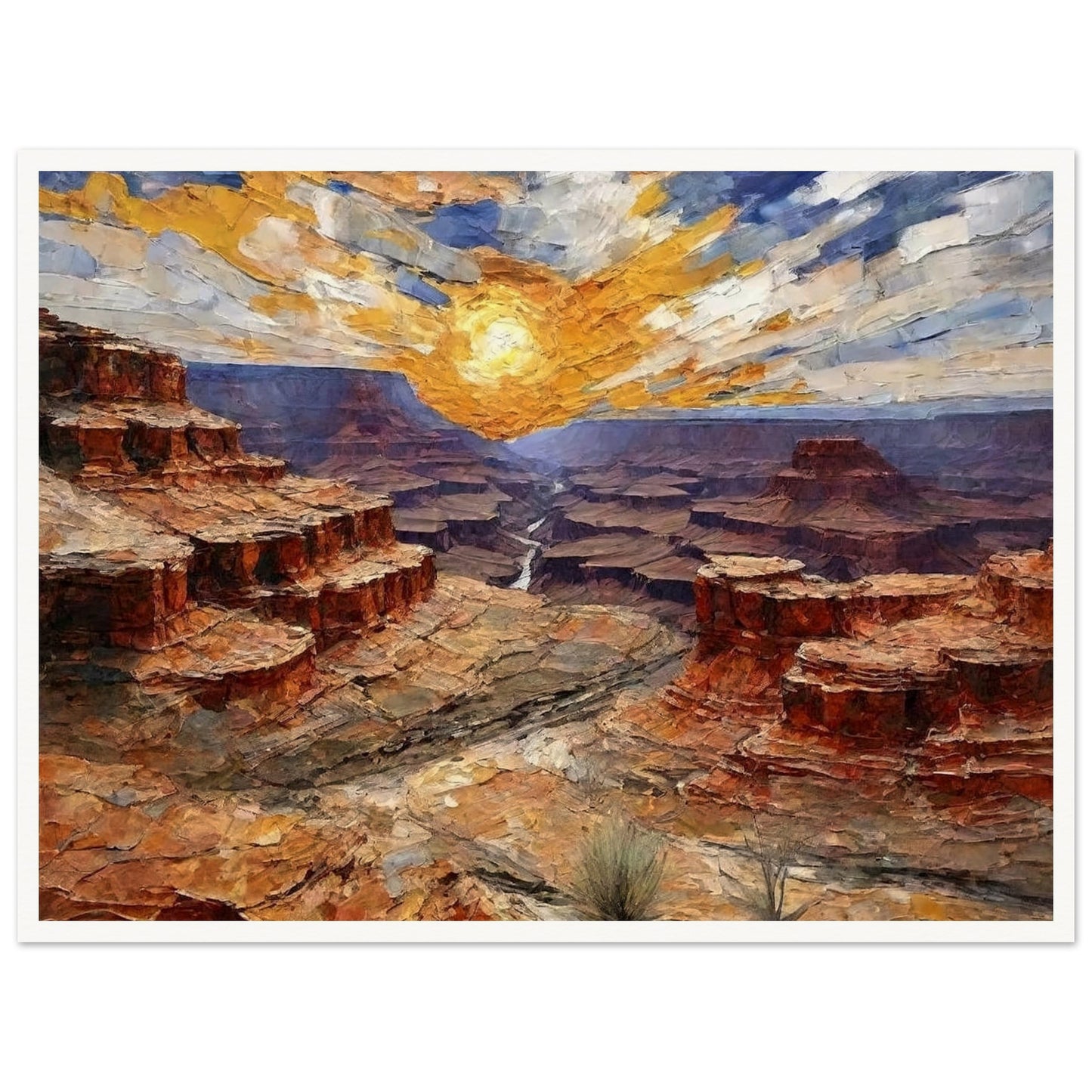 "A dramatic painting of a canyon at sunset, with layers of rocky red cliffs and a radiant golden sun casting light across the vast landscape."