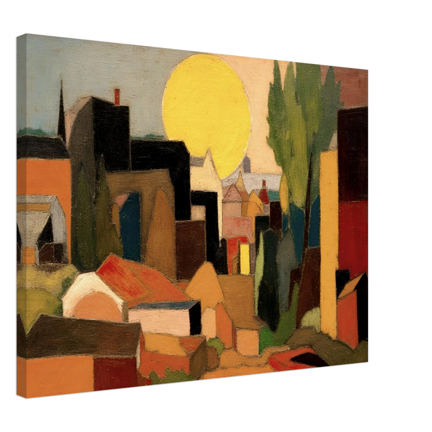 A stylized village landscape featuring geometric houses, tall trees, and a large golden sun rising or setting behind the rooftops in warm earthy tones.