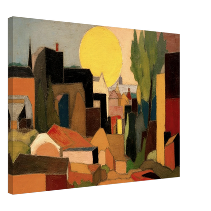A stylized village landscape featuring geometric houses, tall trees, and a large golden sun rising or setting behind the rooftops in warm earthy tones.