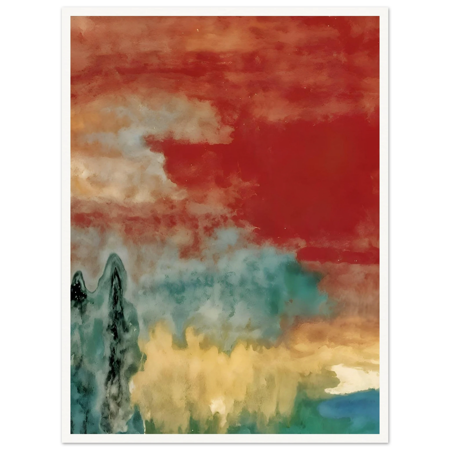 Soft washes of crimson, teal, and ivory drift across a dreamlike landscape with misty forms and distant reflections.