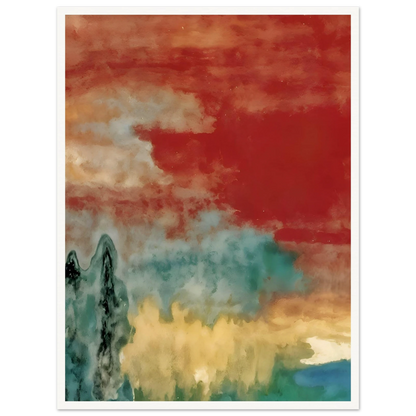 Soft washes of crimson, teal, and ivory drift across a dreamlike landscape with misty forms and distant reflections.