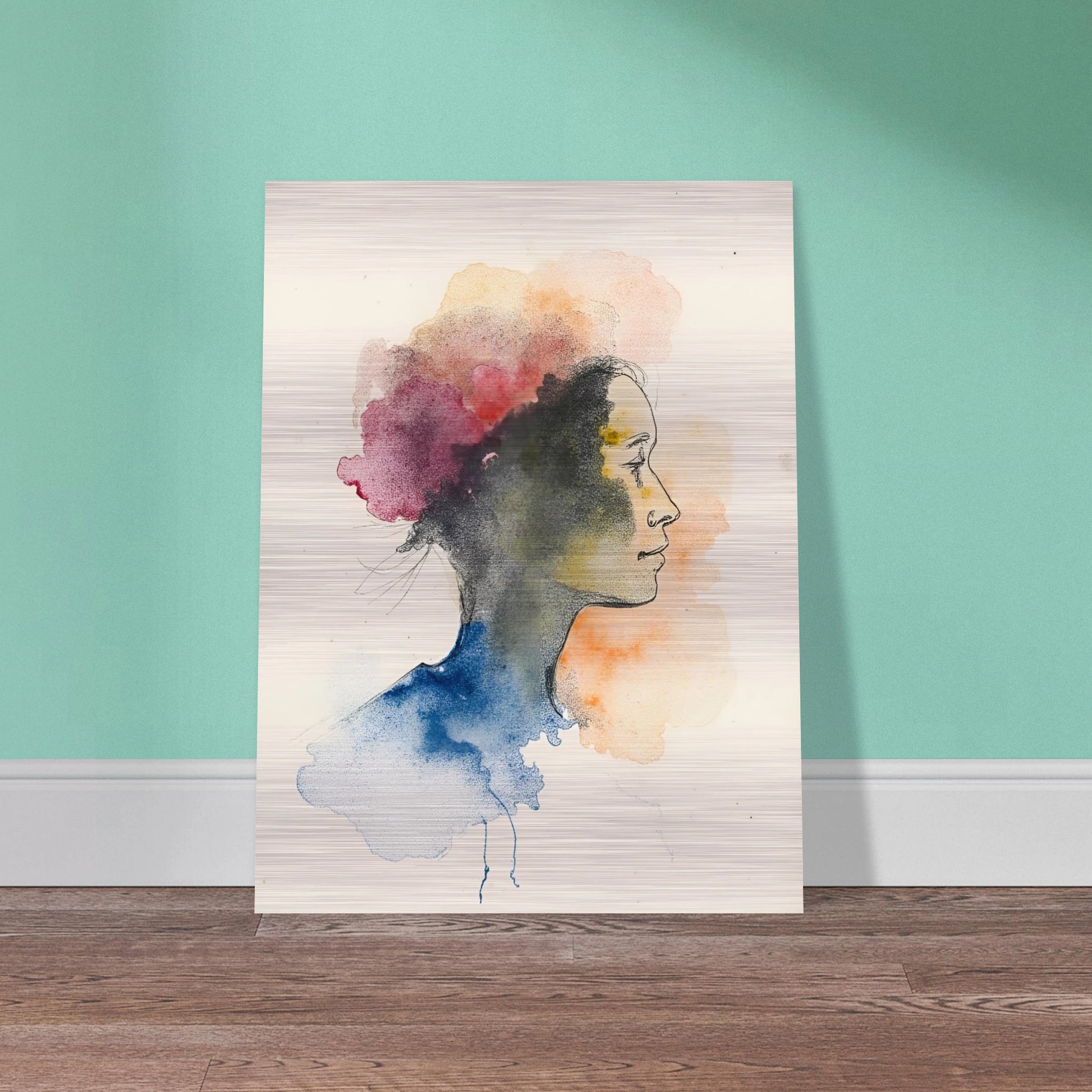 Side profile of a woman formed by delicate watercolor clouds in blue, pink, and orange, merging softly on cream paper.