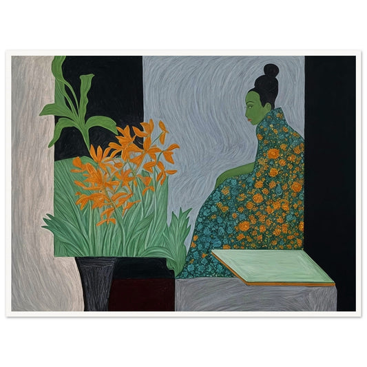 A painting of a woman with a green face in a floral dress, sitting in contemplation next to vibrant orange flowers.