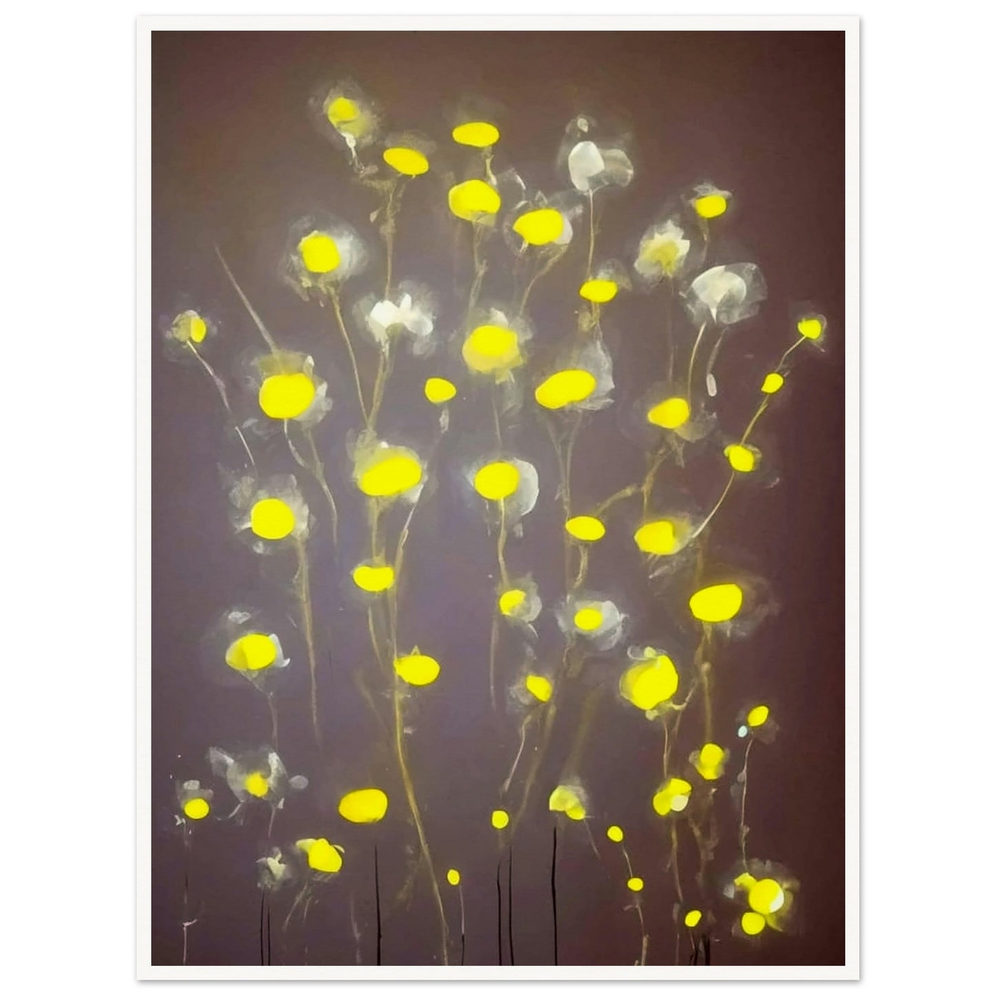 A minimalist painting featuring glowing yellow flowers with soft, translucent petals on a muted gray background, exuding a serene elegance.
