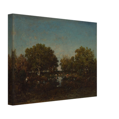 Cattle gather beside a reflective woodland pool beneath dense trees and a wide blue sky.