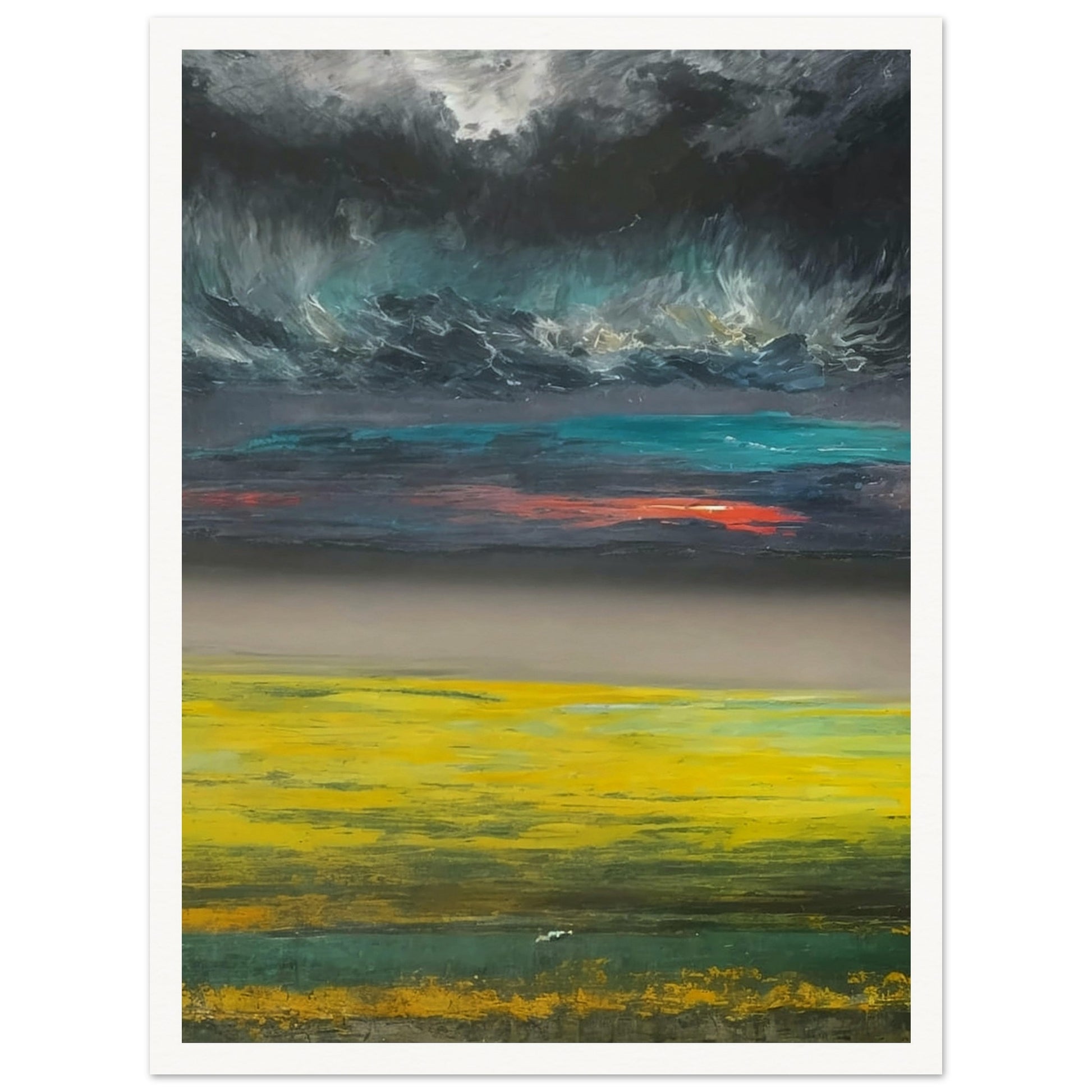 A dramatic landscape painting featuring a vibrant yellow field under a dark, stormy sky with a hint of sunset colors.