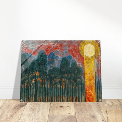 A vibrant painting of a forest with dark trees under a dramatic red and blue sky, with a glowing yellow sun.