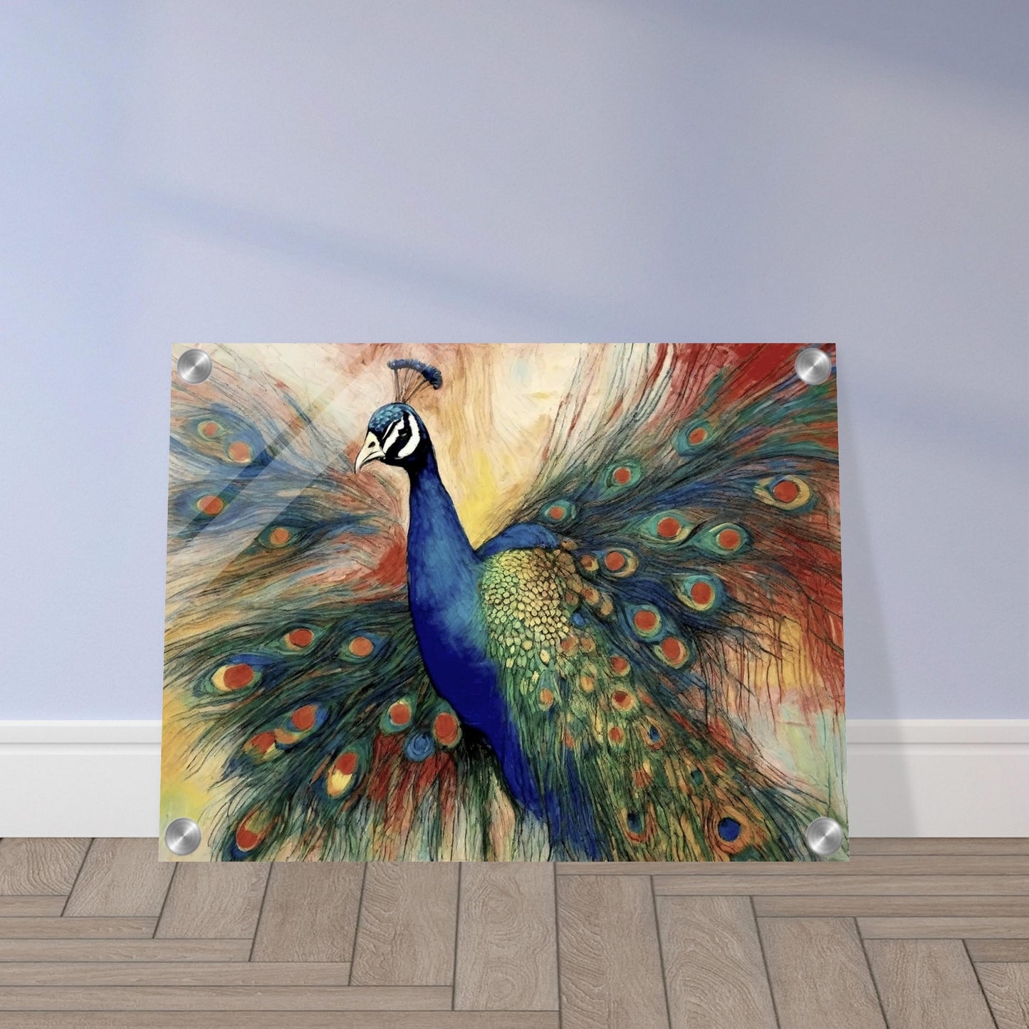 "A stunning painting of a vibrant peacock with its colorful feathers fully fanned out, showcasing rich blues, greens, and intricate eye-like patterns."