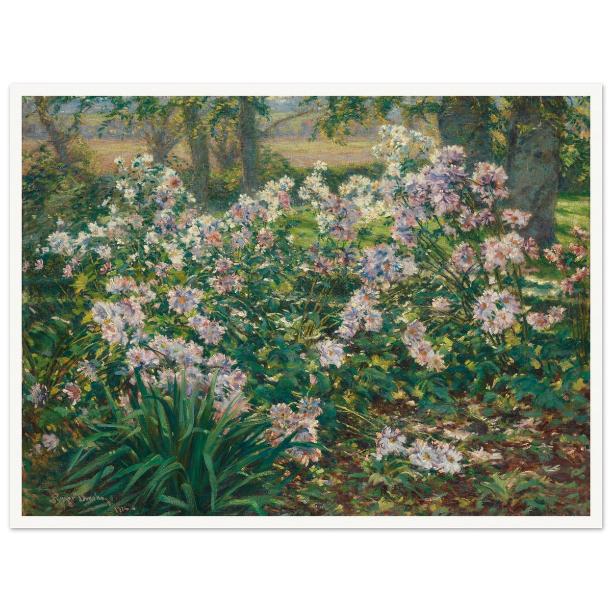 Pink and white flowers bloom densely among lush green foliage beneath tall trees in a sunlit garden.