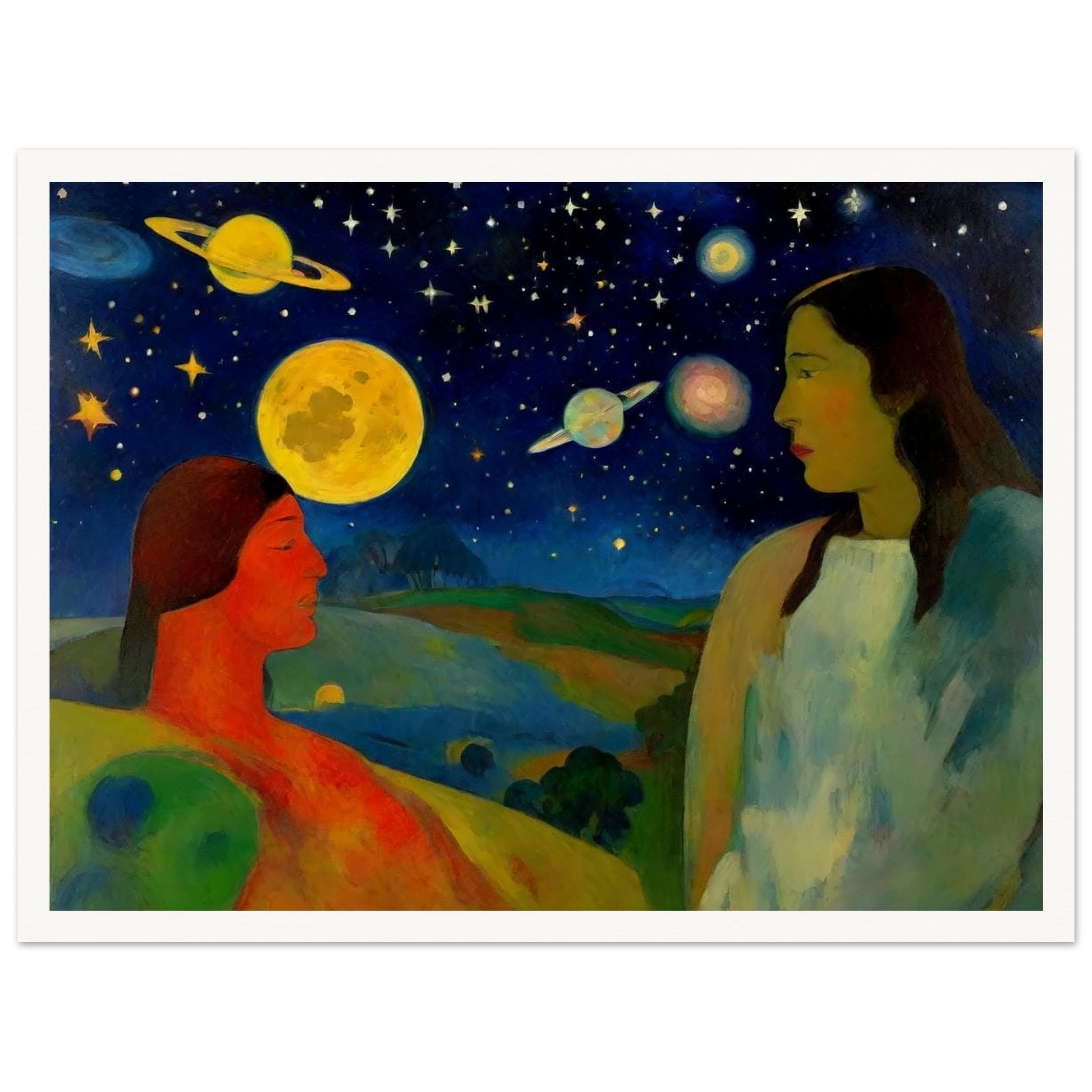 A vibrant scene of two people under a cosmic sky, featuring large planets and stars, set in an otherworldly landscape