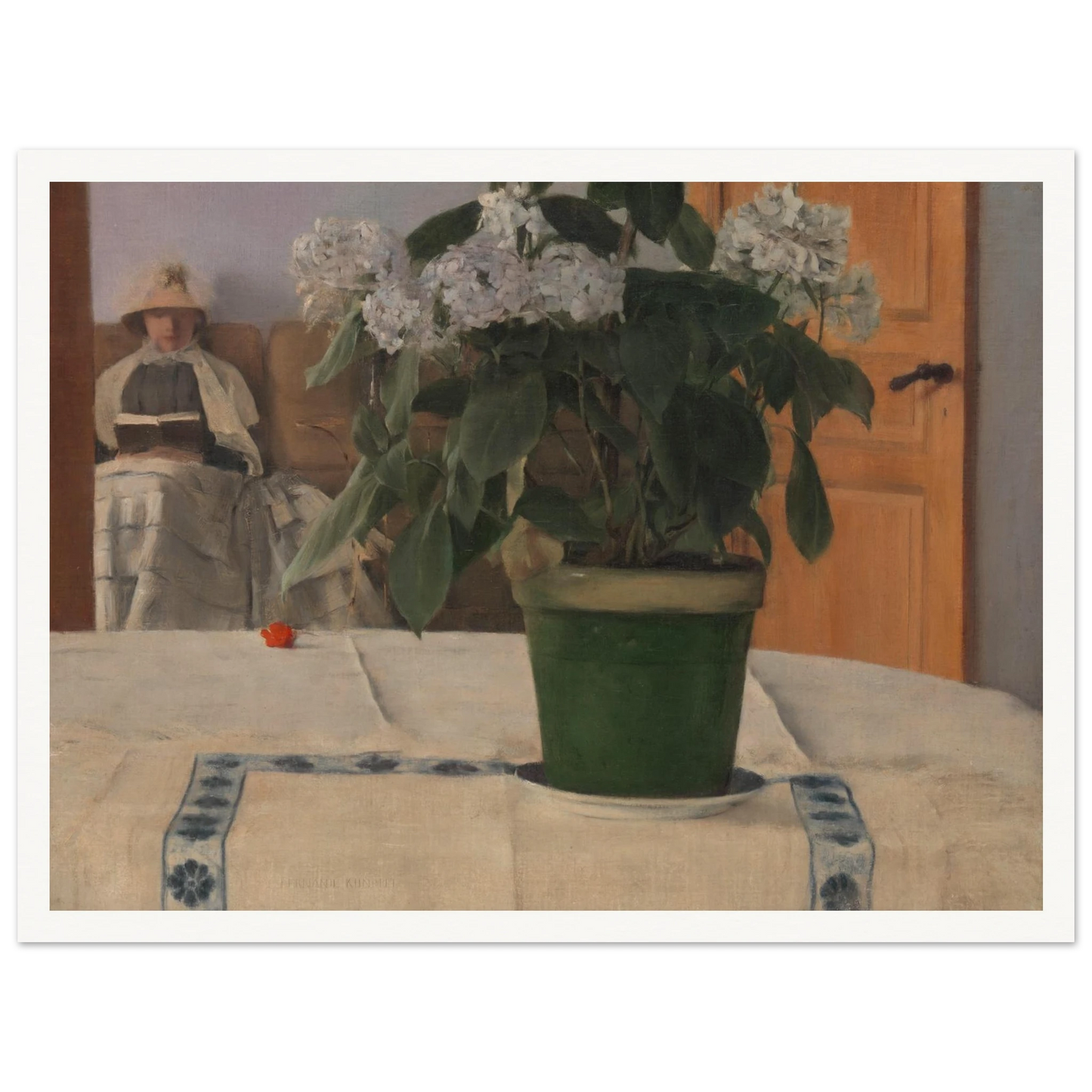 A potted hydrangea dominates a quiet interior as a bonneted woman reads in the softly lit background.