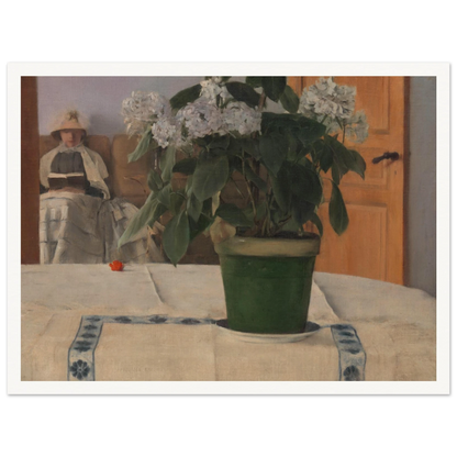 A potted hydrangea dominates a quiet interior as a bonneted woman reads in the softly lit background.